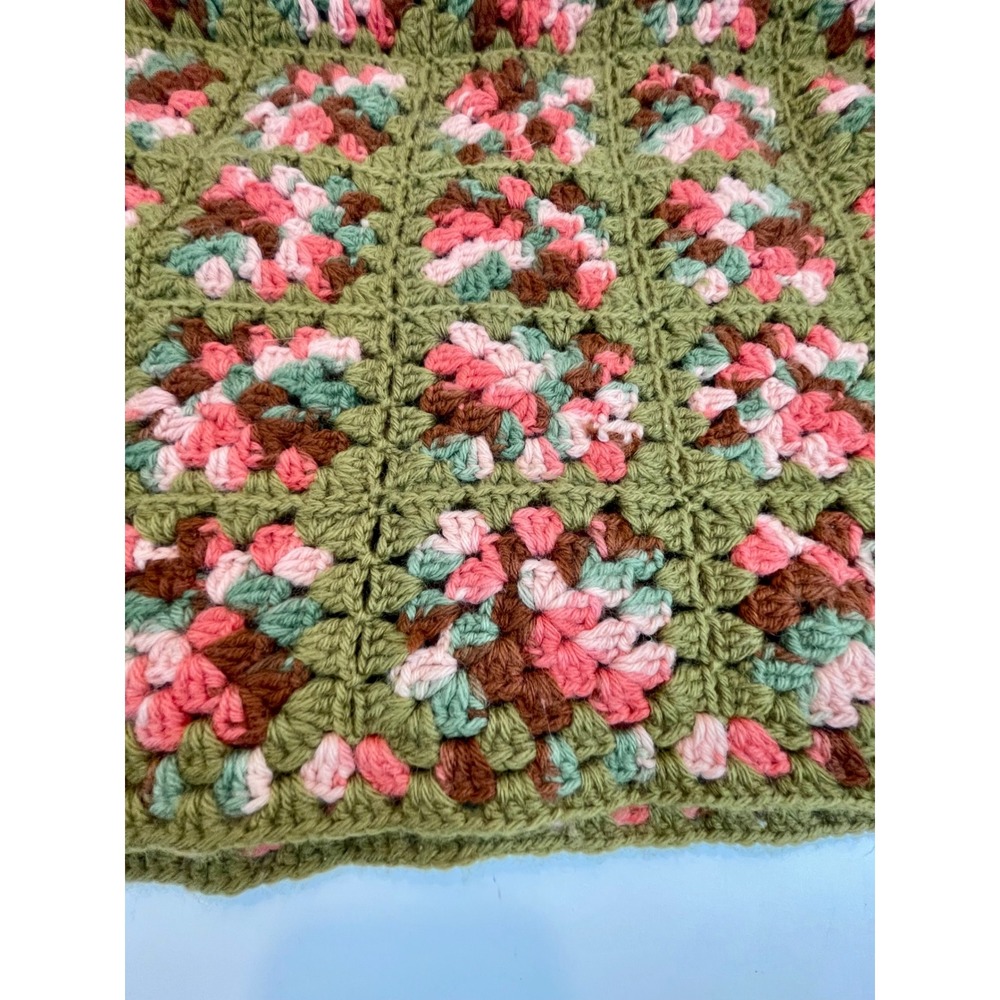 Handmade Vintage Crochet Granny Square Afghan Blanket Green Pink Brown 60x38